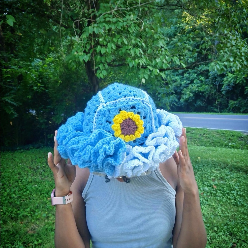 Handmade Blue/ White Crochet Hat with SunFlower